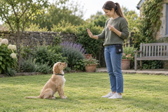 Woman teaching a puppy to sit in a garden