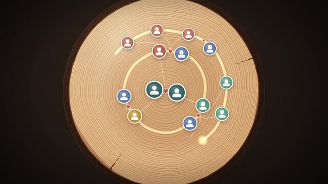 Family tree on tree rings of a wood slice, generations of person icons expand outward from couple at center