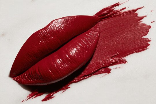 Red lipstick smear creating a vibrant lip shape on a white marble background
