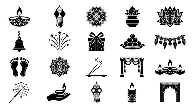 Diwali Festival of Lights Silhouette Icon Set with Traditional Indian Diyas, Rangoli and Decorative Vector Symbols