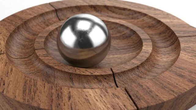 A close-up view of a shiny metal sphere resting in the center of a wooden circular grooved surface creating a visually appealing and balanced composition.