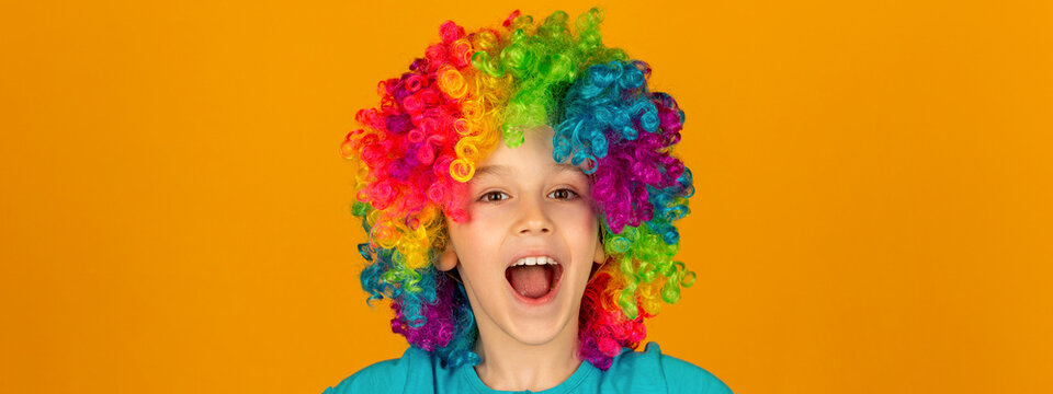 Cute child dressed up in a clown costume and smiling. Funny boy in multi-colored wig. Smiling little boy in clown wig