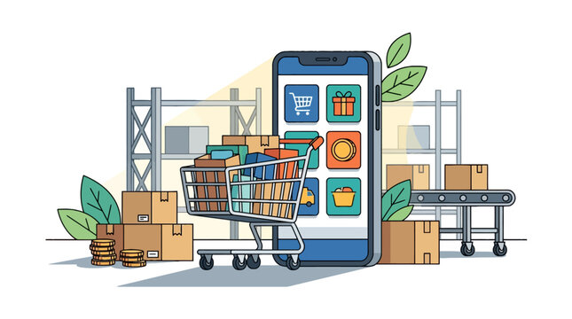 Online shopping mobile app and warehouse logistics illustration