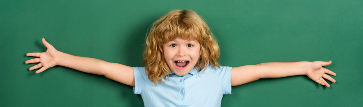 Kids education and knowledge. Student kids. Schoolboy near the school board. Little funny school boy face