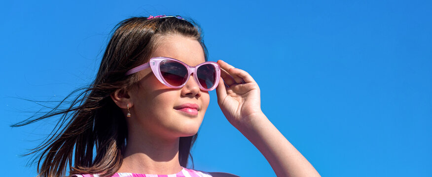 Cute girl, smile, happy in sky background, young kid and retro clothes, glasses