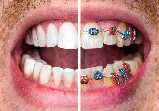 Dental braces, correcting teeth. Health care and medical concept. Closeup man with teeth before and after braces treatment