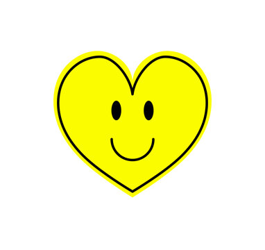Happy yellow heart smiley in flat cartoon sticker style and retro y2k emoji, cute eyes and positive vintage element for fun pop vibe, modern accent for playful decor themes.