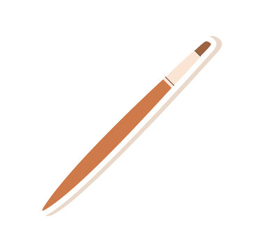 Cartoon paintbrush sticker icon flat art. Simple painter tool with brown paint and white outline as childish craft object. Cute artist supply for school study and workshop class, modern vector