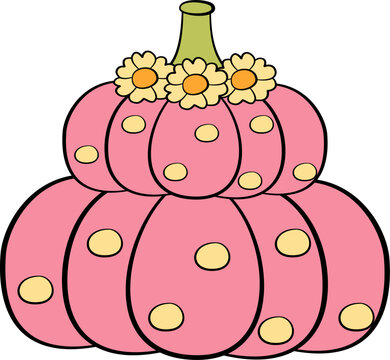 Cute polka dot pastel pink pumpkin decorated with a floral crown, Halloween element