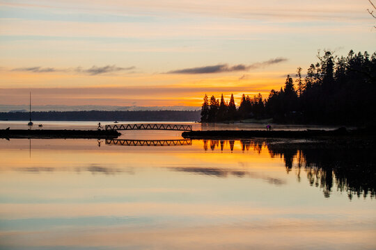 Sunset over water and pier with tree silhouettes