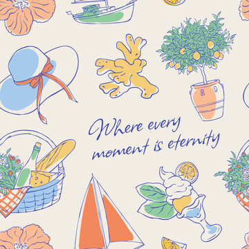 Sea vacation doodle seamless pattern. Vintage watercolor sketch with beach picnic and mediterranean sailboat. Summer background for wrapping paper and textile print.