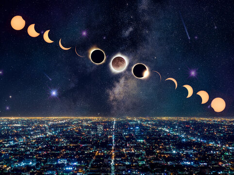 Progression of solar eclipse phases over Los Angeles at night