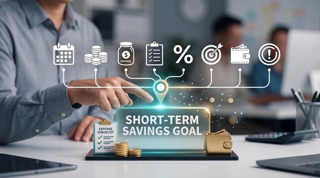 A business professional points at a digital interface with interacts digital showing showing financial icons icons text related related short term term savings goals