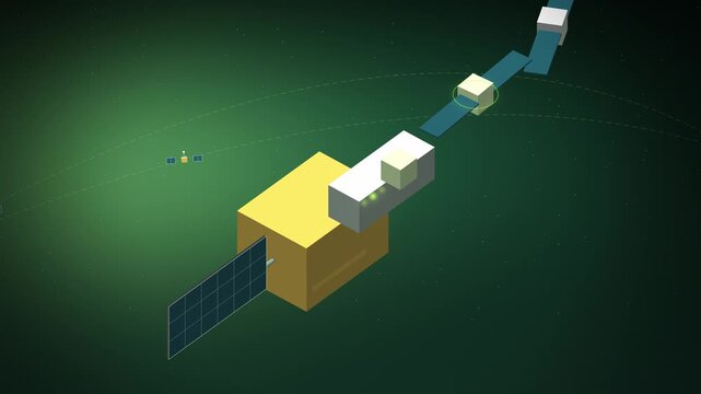 Cubesat dispenser releasing small satellites isometric view appearing