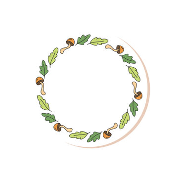 Colorful round frame label in adventure sketch style with doodle tree and forest details. Outdoor nature travel and camp vibe, perfect for hiking trip emblem or map accent.