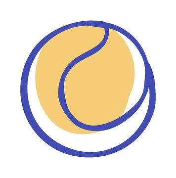 Vintage tennis ball icon with blue line sketch and watercolor style. Hand drawn sport element for beach travel or vacation design, logo and sticker. Minimal tennis graphic isolated on background.