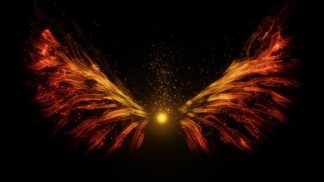 Flaming wings spread from a glowing golden orb and flap over black background with rising sparks