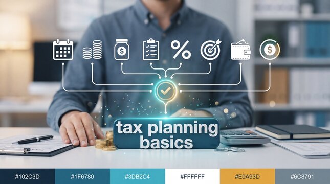 A business professional sitting at a desk with tax planning icons with finance icons arranged planning sign digital arranged flow chart chart above office professional sits
