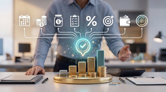 A businessman standing at a desk with 3d financial growth charts with financial management investment representing various financial digital icons with businessman stands