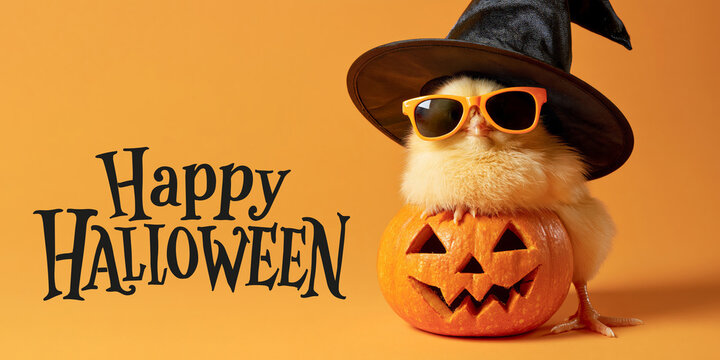 happy halloween concept holiday funny animal greeting card with text- Cool cute chick with sunglasses, witch hat and pumpkin, isolated on orange background