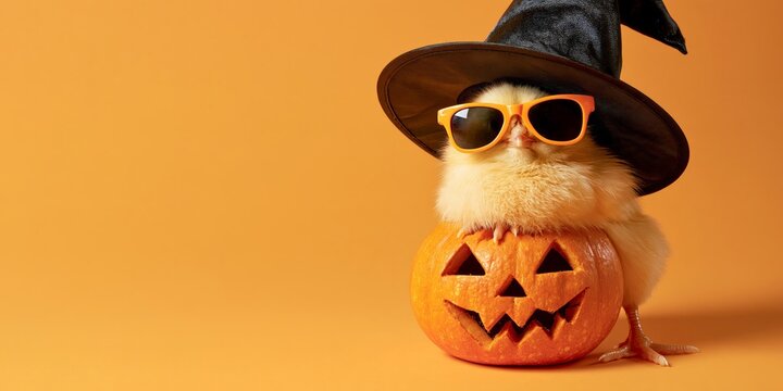 happy halloween concept holiday funny animal greeting card - Cool cute chick with sunglasses, witch hat and pumpkin, isolated on orange background