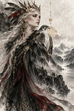 Freyja Norse Goddess with Falcon in Mystical Nordic Mountain Landscape