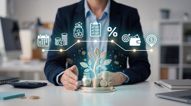 Business professional sitting at a desk with a metal plant sculpture with sculpture surrounded digital digital financial planning professional sits behind icons floating light