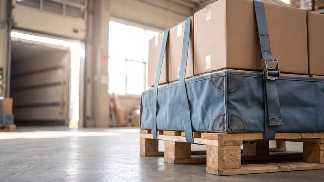Palletized cardboard boxes secured with blue ratchet straps and a fabric pallet cover at a warehouse loading dock, supporting cargo securing, freight shipping, and logistics