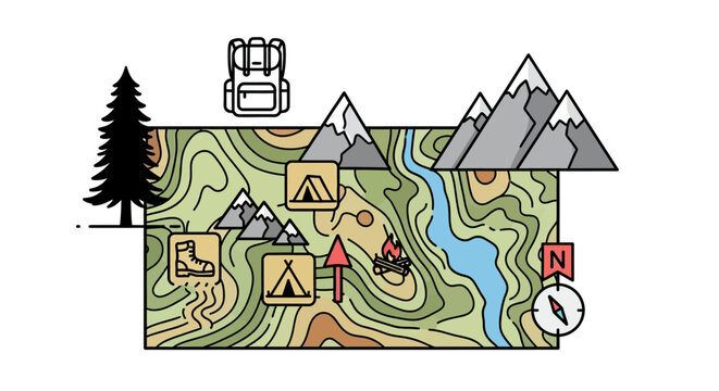 Outdoor adventure map with camping and hiking icons