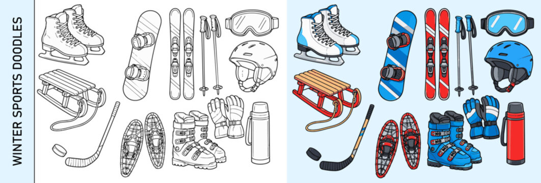Alpine Winter Activity Vector Elements with Ski Gear, Skates and Snow Sports Equipment