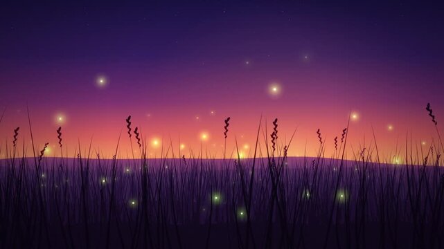 Glowing fireflies over grass silhouettes under purple twilight sky, seamless loop background