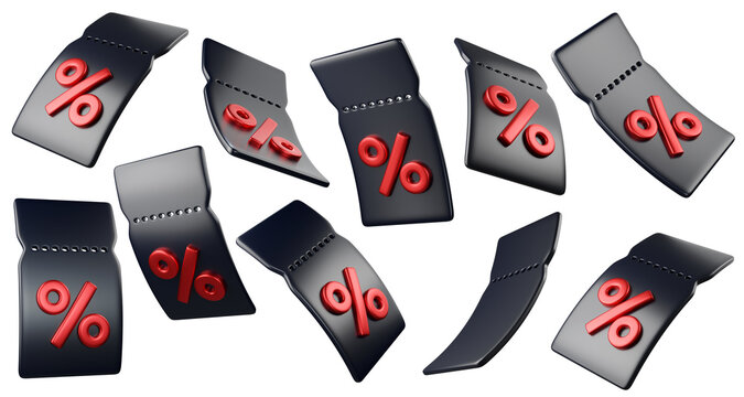Set of 3D Black Discount Coupon with Red Percentage Symbol, isolated on background. Template Blank voucher and Coupon ticket for promotion, sale, Black Friday banners, online shopping. 3d render
