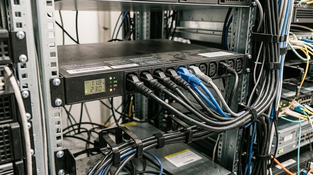 Cables connected to power distribution unit in server rack, data center power management and IT infrastructure
