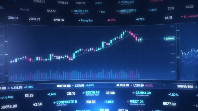 Trading dashboard scrolling candlestick and line charts with market price tickers on blue, seamless loop