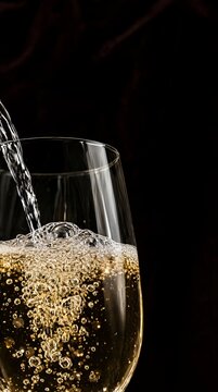 Macro Shot of Sparkling White Wine Pouring into a Crystal Flute with Bubbles and Gold Liquid Flow