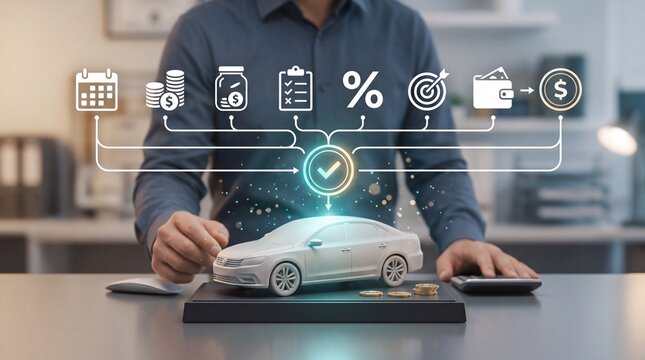 A man uses a calculator next to a car model with digital financial icons overhead with icons appear air sits desk small professional infographic expenditure with transaction