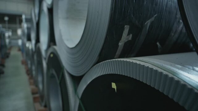 Heavy steel coils stacked in warehouse row for industrial metal manufacturing supply chain