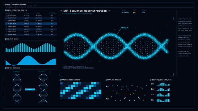 Bioinformatics HUD screen with 3D DNA sequence and PCR charts