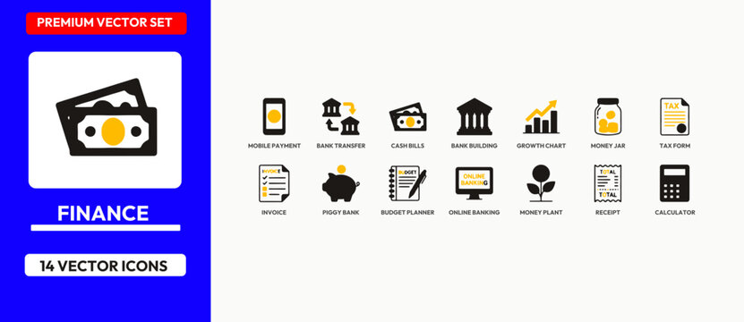 Finance mobile payment and bank transfer icons with money plant and calculator for financial management.