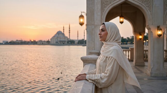 Woman in hijab standing beside mosque courtyard overlooking waterfront at sunset. Muslim culture and faith. Islamic architecture and spiritual travel. City landmark and cultural heritage.
