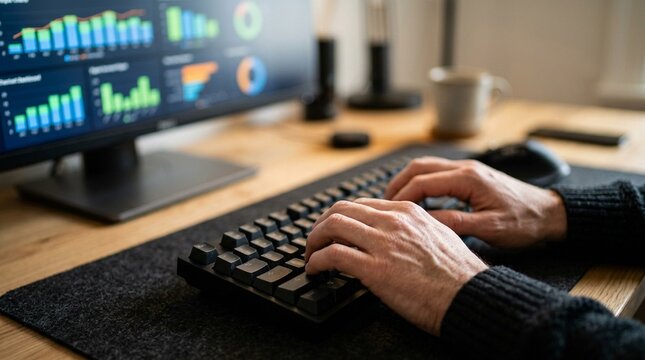 Hands typing on keyboard beside monitor with blurred charts, data entry, programming and office work