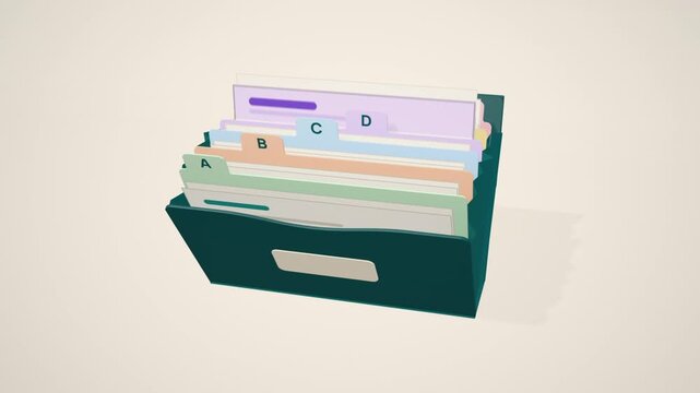 Expanding file folder opens to reveal A to F index tabs, document pulled out showing rising line chart