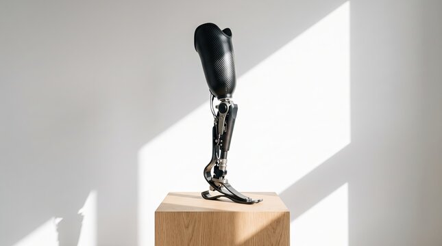 Carbon fiber prosthetic leg displayed on wooden pedestal in sunlit minimalist room with soft shadows