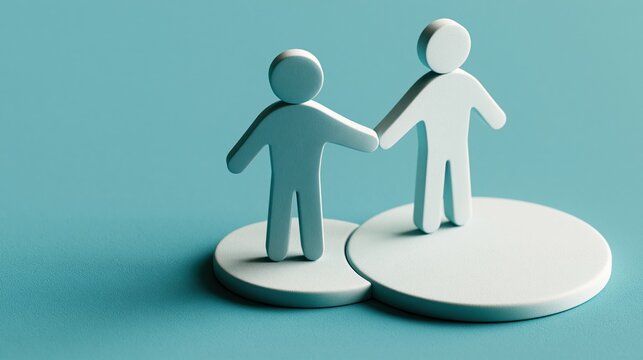 Two abstract human figures holding hands on connected circular platforms, representing partnership and team collaboration