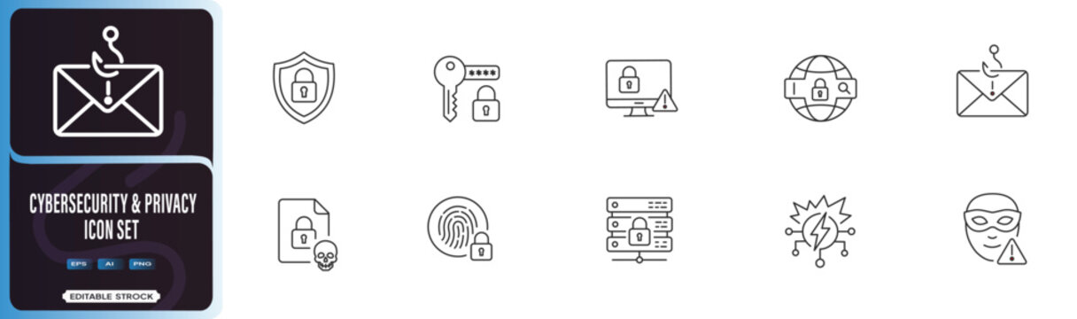 Phishing Email, Hacker Mask, Fingerprint Lock and Secure Server: Data Protection Line Icons for Cyber Safety and Privacy