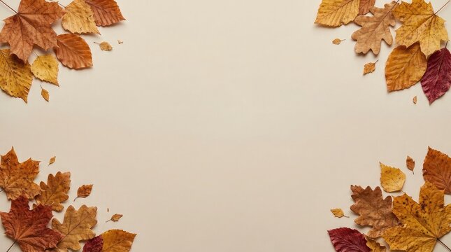Decorative autumn background with colorful fall leaves arranged in corners on a soft beige surface