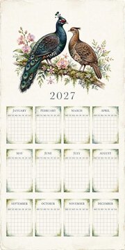 Blank 2027 Calendar Template Bornean Peacock-Pheasant Male Female Couple Empty 12 Months Customizable