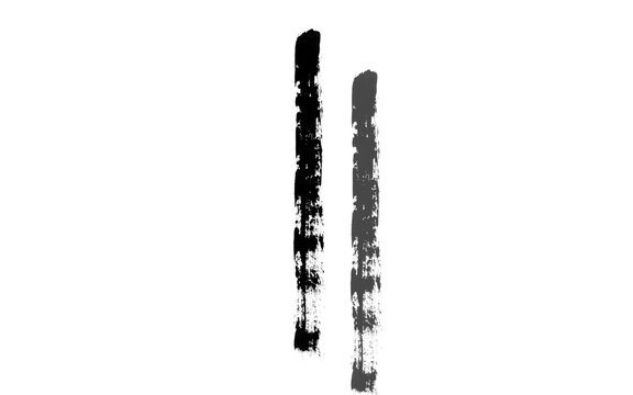 Two Black and Grey Vertical Grunge Brush Strokes with Faded Bottom Isolated on White Background, Hand Painted Ink Texture Design Element
