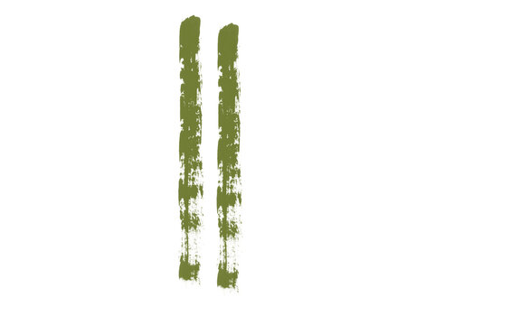 Two Thin Olive Green Vertical Brush Strokes with Rough Dry Edges Isolated on White Background, Hand Painted Ink Grunge Design Element