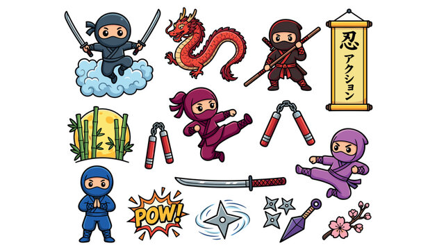 Cute ninja character sticker vector collection featuring diverse warriors dragon sword shuriken nunchucks bamboo moon and martial arts elements